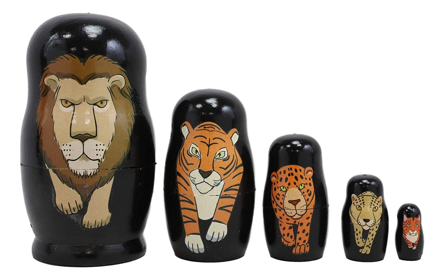 Safari Lion Tiger Cheetah Jaguar Tabby Cat Wooden Nesting Dolls Toy 5Pc Set