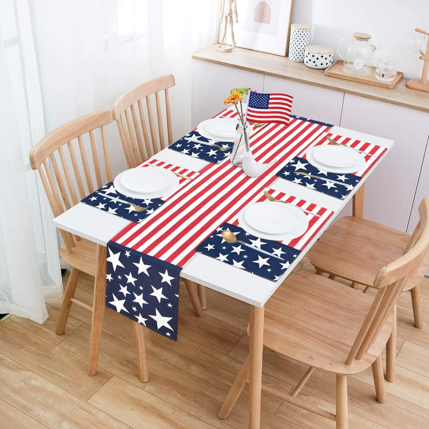 Handmade patchwork Gray table toppers Quilted Independence Day placemats New favors Gnomes and stars Set of 6 4th of July table mats