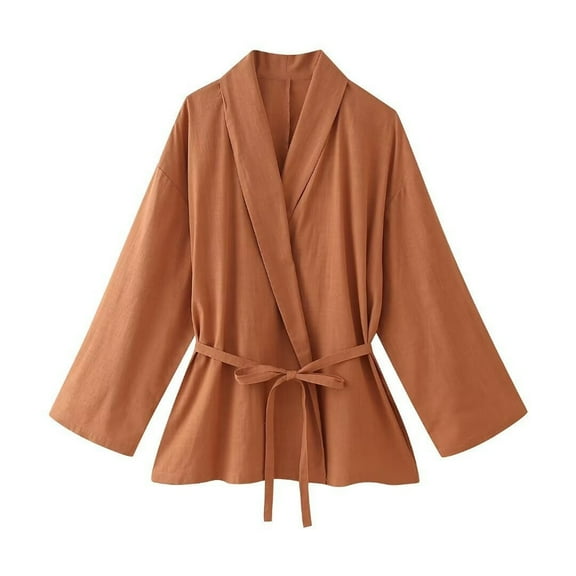 Heisall Women's Long Sleeve Linen Kimono Cardigan Open Front Tie Waist Loose Fit Casual Tops Lightweight Breathable Spring Summer Outfits