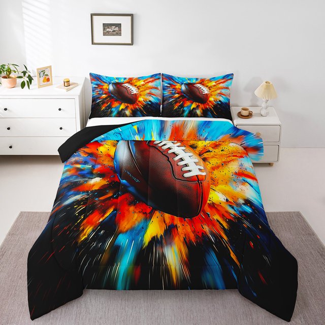 Ensemble de Literie de Football 3D Taille Tout-Petit 2 Pcs, Décor d'Art de Rue Coloré Hippie Graffiti, Ensemble de Couette pour Enfants Garçons Adolescents Adultes, Imprimé Rugby Style Sports Western avec 1 Taie d'Oreiller