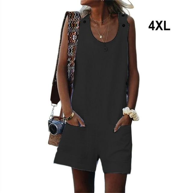 Femme Été Col Rond Sans Manches Col Rond en Vrac Combinaison Combinaison Décontractée Couleur Unie Poches avant Playsuit Romper Plage Marche Noir 4XL