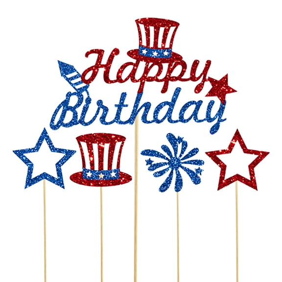 Red & Blue Glitter USA Patriotic Cake Topper, Happy Birthday Independence Day Cake Decoration for 4th of July American National Day Party Supplies