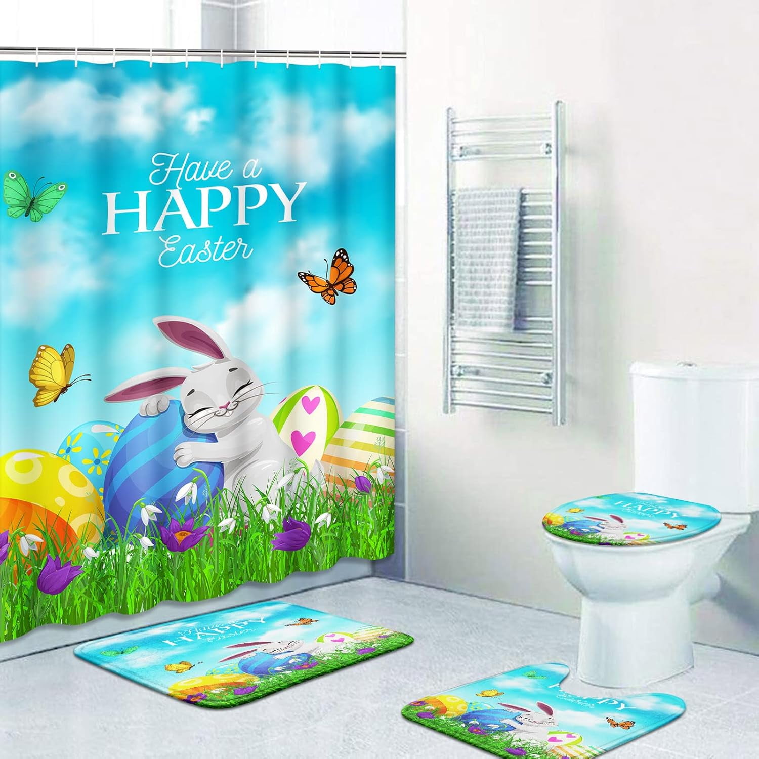 4 Pcs Shower Curtain Set Happy Easter Rabbit Bunny Pet Chocolate Cute with Non-Slip Rugs Toilet Lid Cover and Bath Mat Bathroom Decor Set 72 x 72 inch