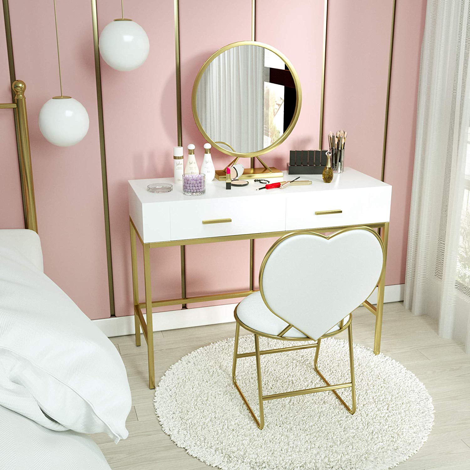 Mecor Vanity Table Set Sliding Mirror//Drawers,Wood Makeup Dressing Table Stool Espresso