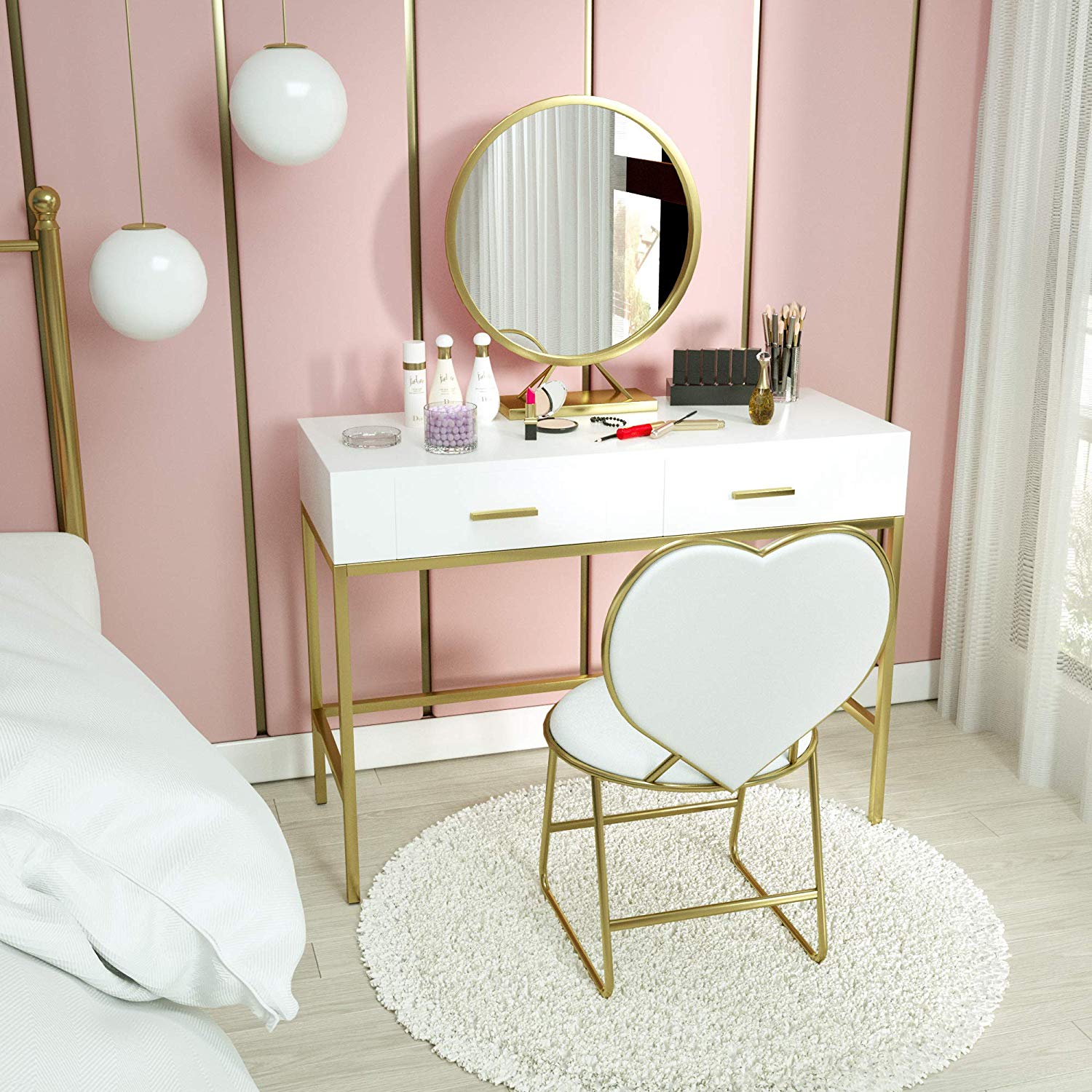 Mecor Vanity Table Set with Mirror,Wood Makeup Vanity with Gold Metal 