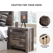 Signature Design by Ashley Derekson Two Drawer Nightstand – Multi-Gray, Rustic Pine Grain, USB Charging, Modern Urban Style