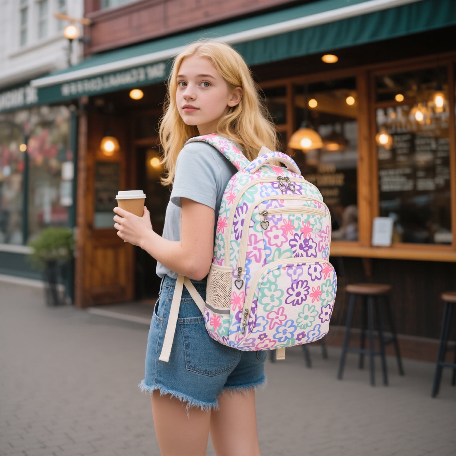 School Backpack Set for Girls,Lightweight Bookbag with Large Capacity, 3-in-1 School Essentials Set Includes Lunch Box & Pencil Case Beige