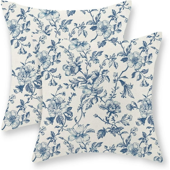 Blue Floral Pillow Covers 18x18 Set of 2 Blue and Cream Chinoiserie Floral Decorative Throw Pillows Vintage Rustic Toile Flower Pillowcase Outdoor Decor Linen Cushion Covers for Couch Sofa