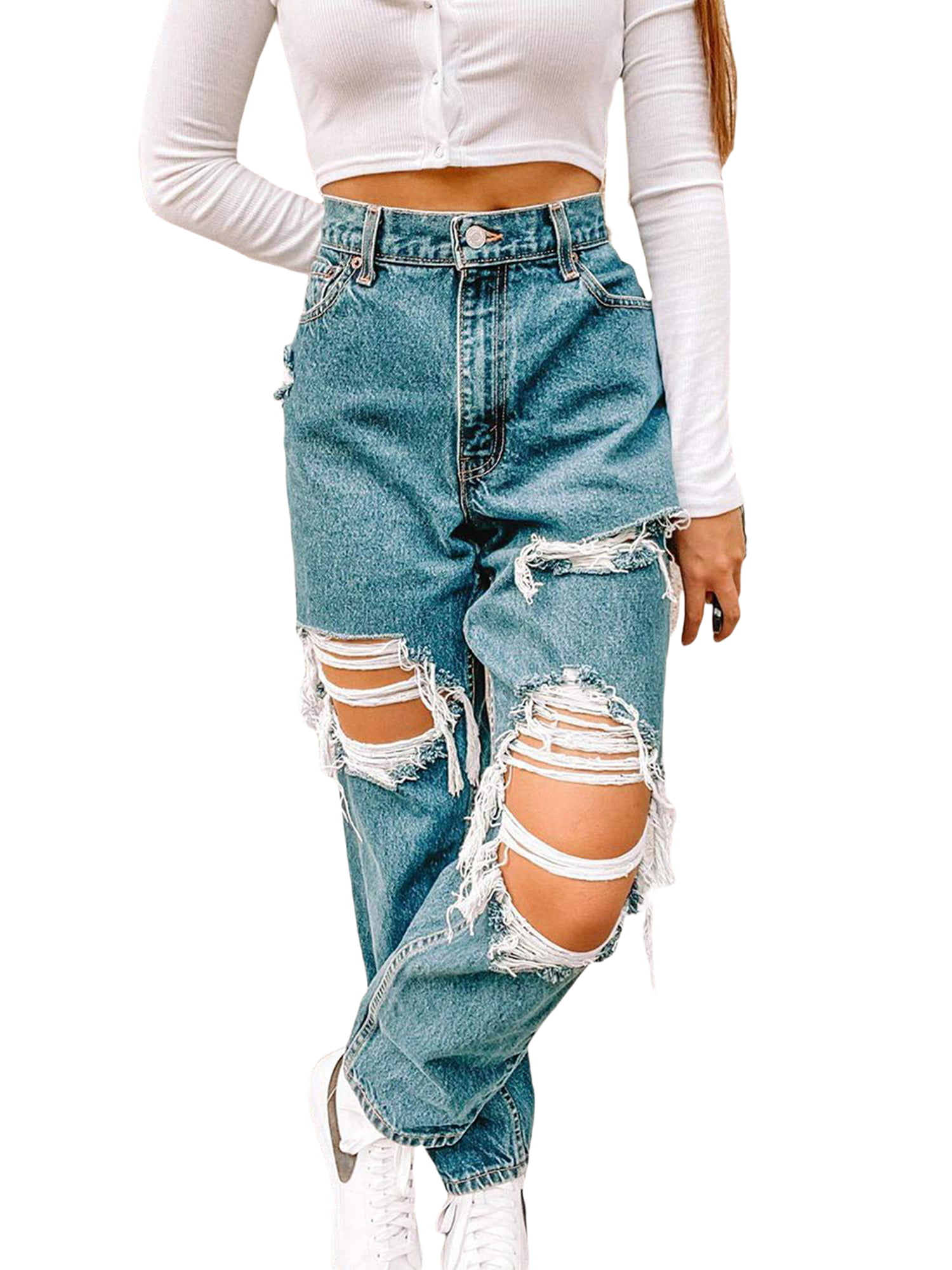 DressUWomen Stretch Hi-Waist Silm Fit Ripped-Holes Trousers Jeans