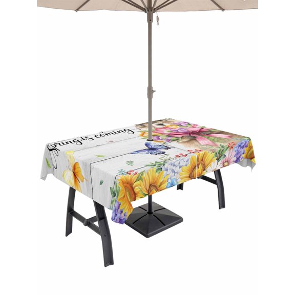 Outdoor Tablecloths with Umbrella Hole & Zipper, Spring Groundhog 60 x102 Inch Rectangle Tablecloths, Watercolor Sunflower Botanical Vintage Waterproof Table Cloth, Patio/Pool/Picnic Table Covers