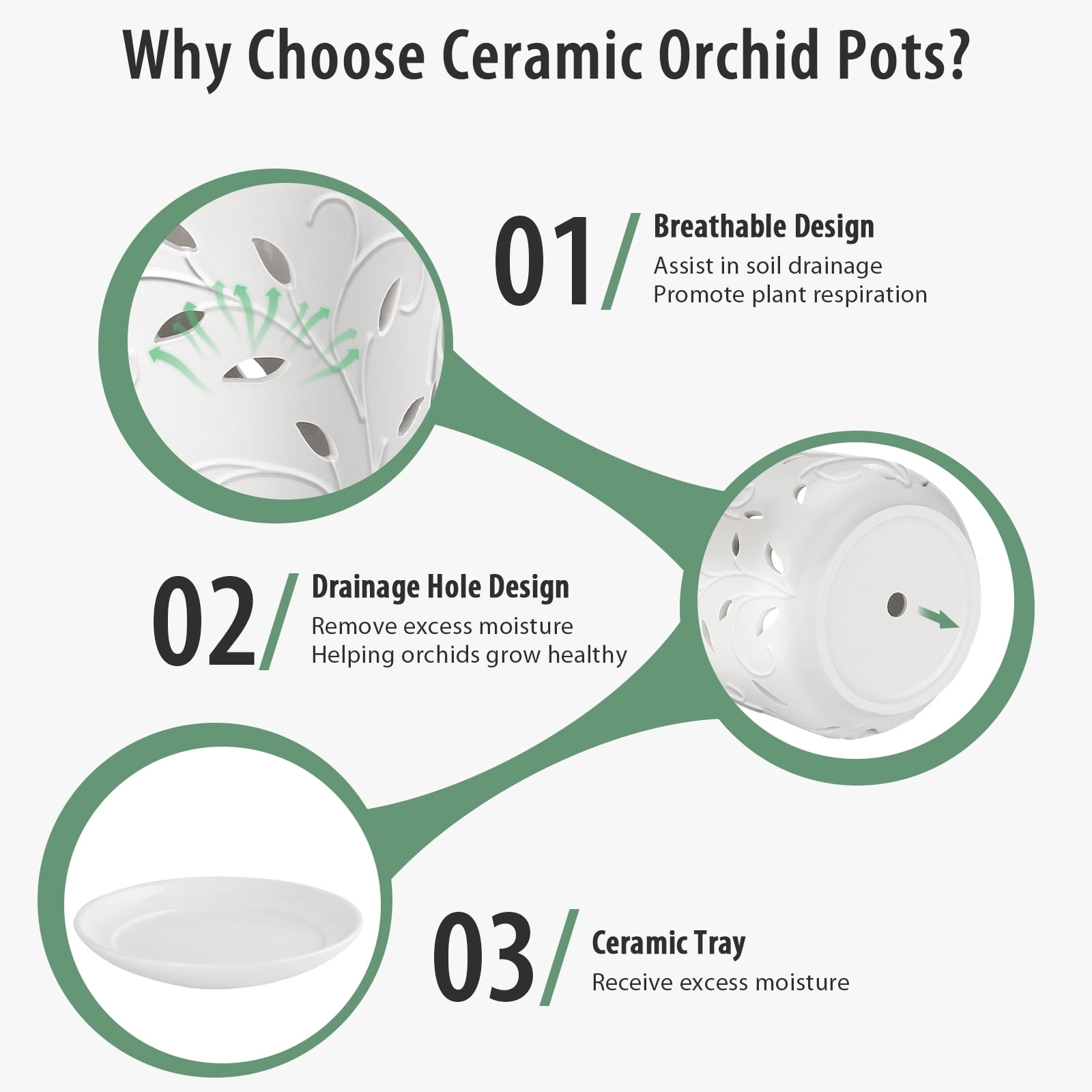 BUYMAX orchid pot, 7 inch ceramic planter with drainage holes and tray, white indoor/outdoor flower pot for orchid care and root health