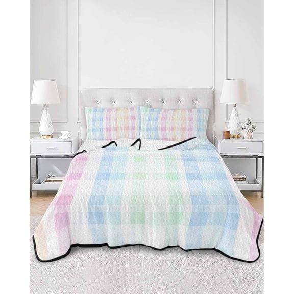 Quilts Twin Size, Blue Pink Plaid Soft Comforter Bedding Set for Bed, Pastel Green White Buffalo Patchwork Lightweight Quilted Bedspread with Pillow Cover(2 Pieces) for All Season, 68x86 Inch