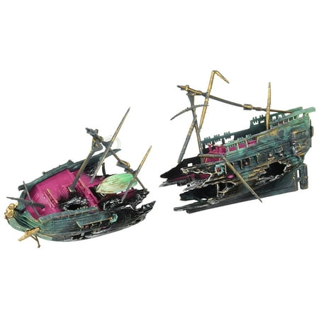 Shipwreck Aquarium Decoration Ornament With Moving Masts Lifeboat