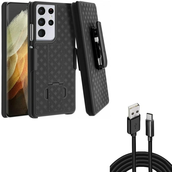 Case Belt Clip w 10ft USB-C Cable for Samsung Galaxy S21 Ultra - Holster Swivel Cover, Type-C Charger Cord Power