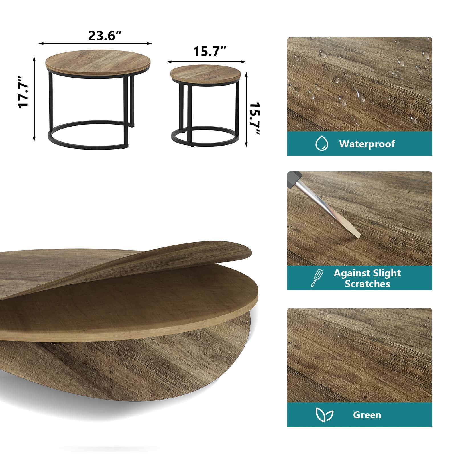 Semiocthome Modern Round Nesting Coffee Table Set,End Table Metal Frame for Living Room,23.6",Brown