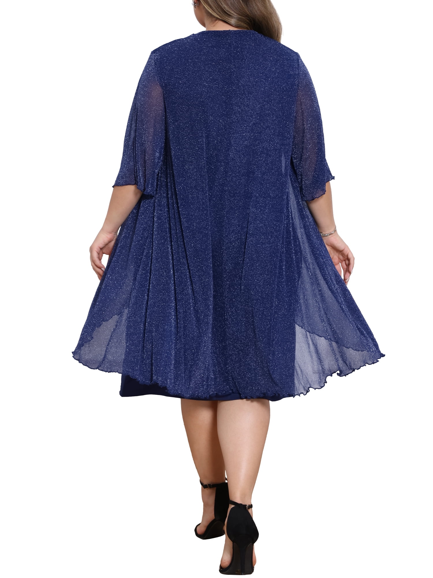 DARING DIVA Women's Plus Sequin Mesh Cape Cocktail Dress 1X Navy Blue