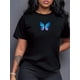 thumbnail image 1 of Camiseta informal con estampado de mariposas para mujer - Cuello redondo negro, manga corta, cómoda para todo el año, lavable a máquina, algodón, camiseta deportiva de ocio., 1 of 6