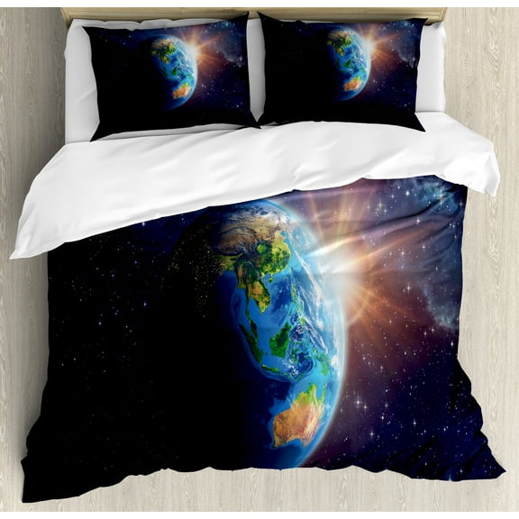 World Duvet Cover Set, Face of Earth in Space View of and Australian Continents and Galaxy, Decorative 3 Piece Bedding Set with 2 Pillow Shams, Queen Size, Dark Blue Green Yellow, by Ambesonne
