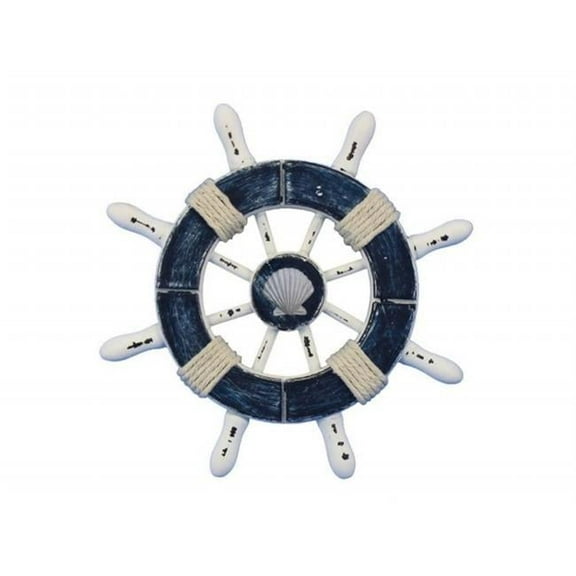 Handcrafted Model Ships SW-6-108-seashell-NH 6 in. Rustic Dark Blue & White Decorative Ship Wheel with Seashell