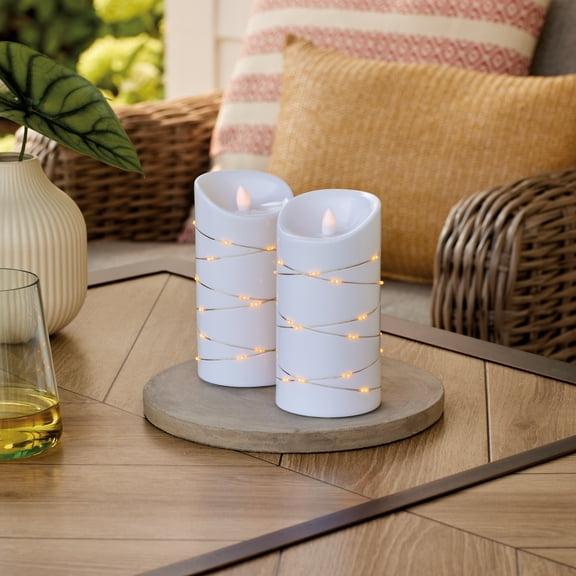 Better Homes & Gardens 2PK Flameless LED Pillar White Candles, 3"Dia. x 6"H, 0.34 lb Weight each