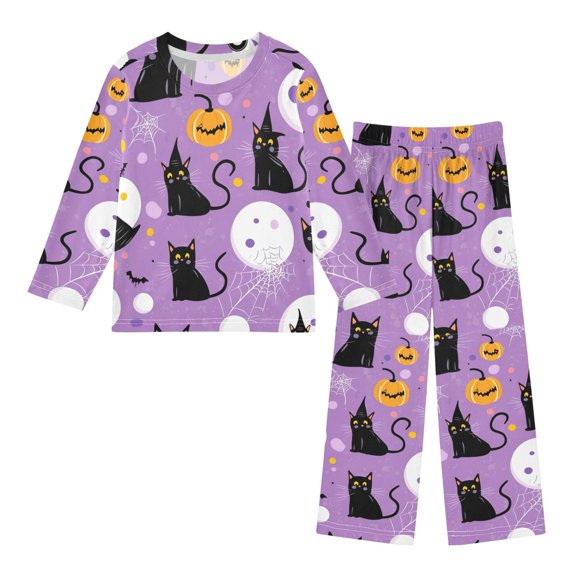 FORMRS Kids Pajama Set Fleece Long Sleeve Top Relaxed-Fit Pants Lounge Sleepwear, Sizes 3T-11Y, Purple Halloween Pattern