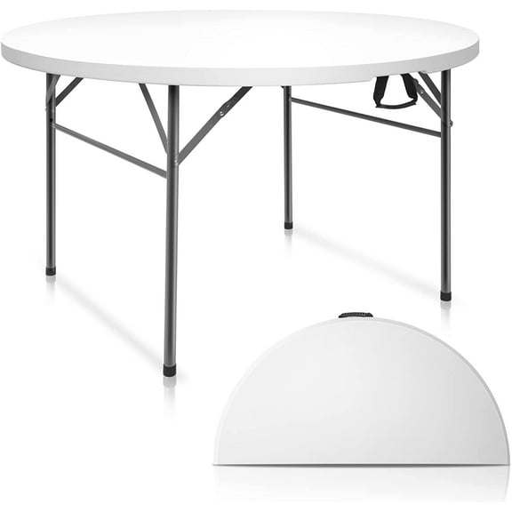 White 48" Round Bi-Folding Commercial Table, 4 Feet Portable Plastic Dining Card Table for Kitchen or Outdoor Party Wedding Event, 1-Pack