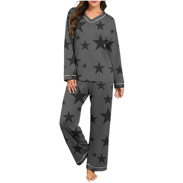 Womens Pajama Set,Casual Fashionable Printing Loose Solid Color V-Neck Long Sleeved Pants,Womens Pajama Set