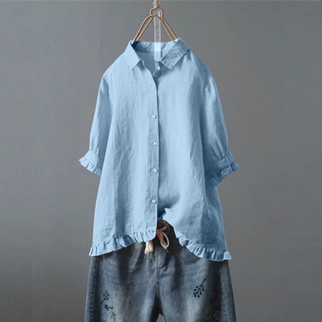 VKOYWKM Linen Shirts for Women Ruffle Trim 3/4 Sleeve Tops Plus Size Button Down Collared Blouses Solid Color Dressy Casual Blouses