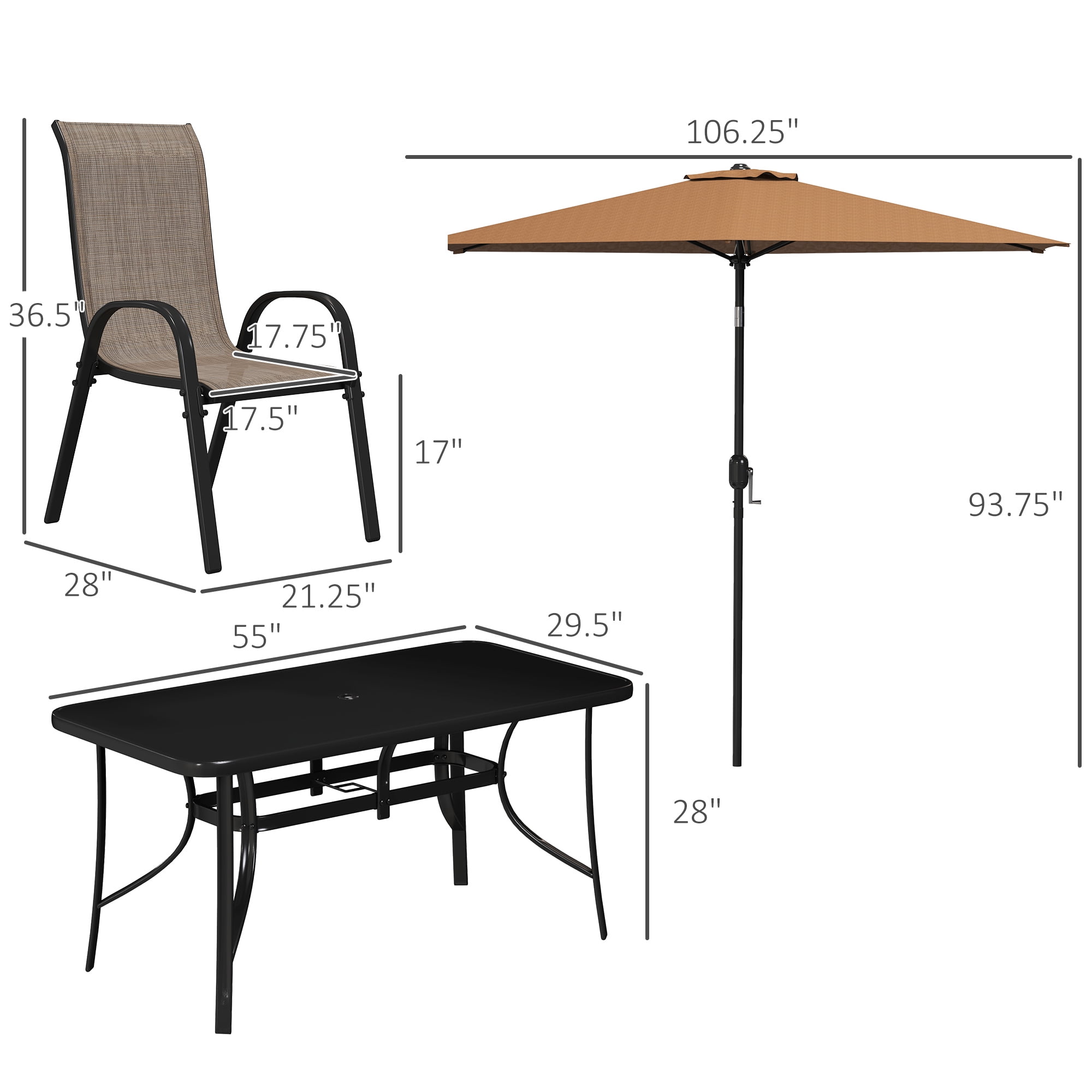 Outsunny 8 Piece Patio Furniture Set with Umbrella, Outdoor Dining Table and Chairs, 6 Chairs, Push Button Tilt and Crank Parasol, Glass Top, Brown