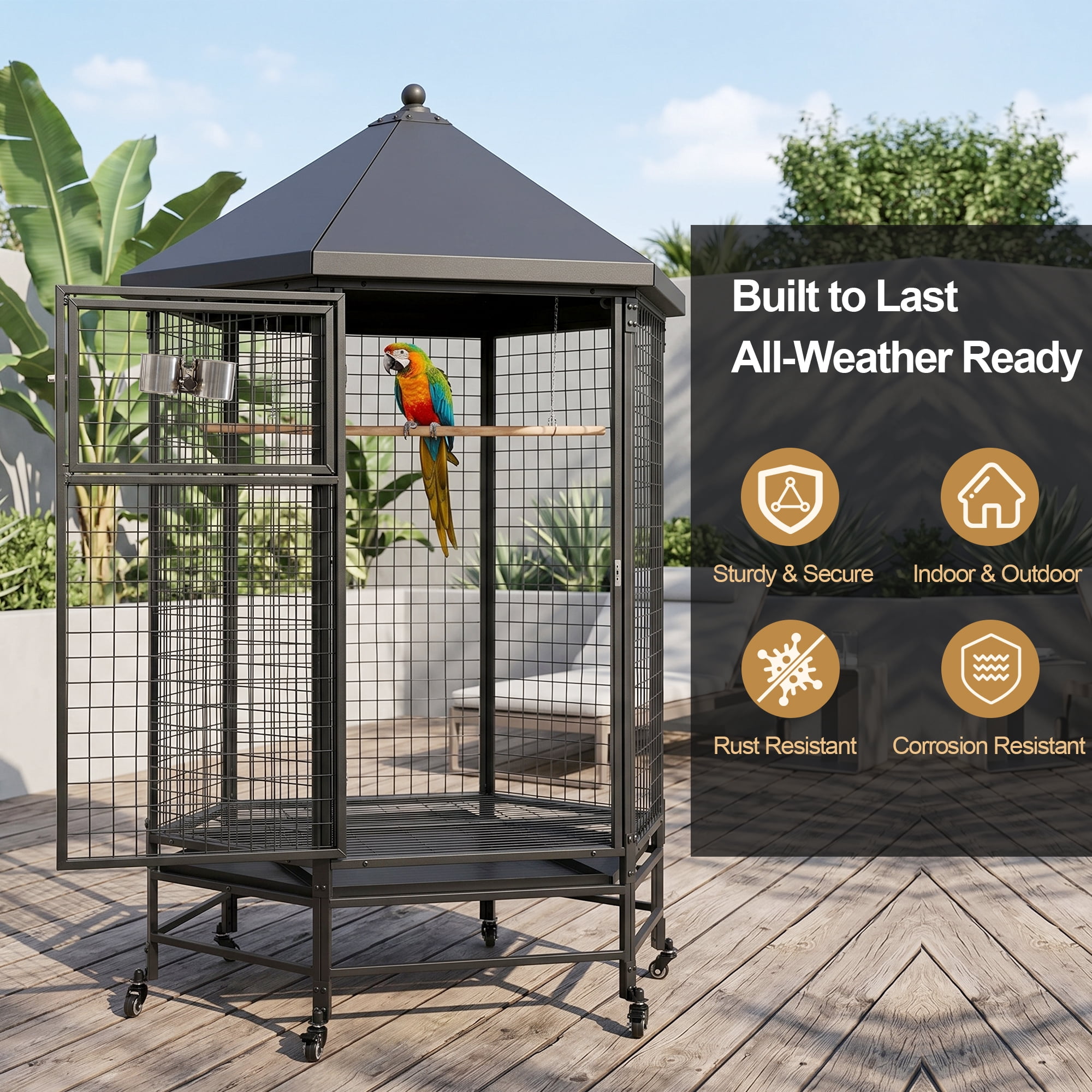 Okeysen Large 69" Hexagon Rolling Metal Bird Cage with Stand and Removable Trays