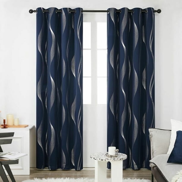Juego de 2 cortinas plateadas con estampado de líneas para sala de estar, interior del hogar, cortina opaca con aislamiento térmico y ojales, 140 x 245 cm, dormitorio, azul marino
