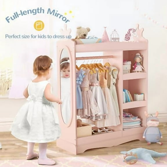 Dress Up Storage With Mirror, Wardrobe With 3 Hooks, Closet for Girls Boys, Armoire Costume Organizer for Kids Bedroom, Pink