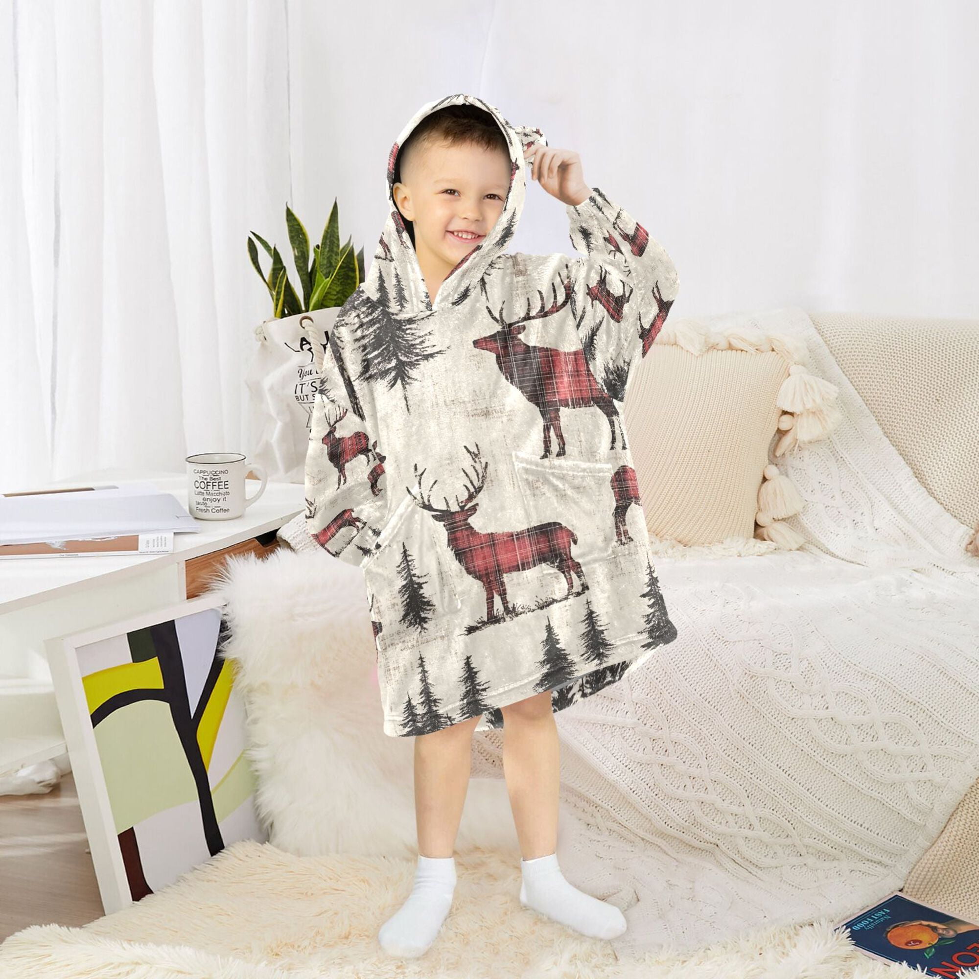 FORMRS Wearable Blanket Hoodie with Sleeves for Kids Cozy Flannel Sweatshirt, Plaid Deer