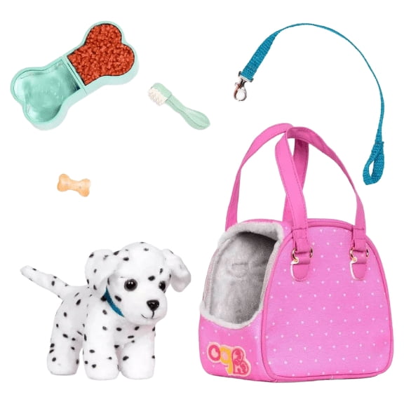 Our Generation Hop In Dog Carrier with Plush Dalmatian Puppy for 18-Inch Dolls