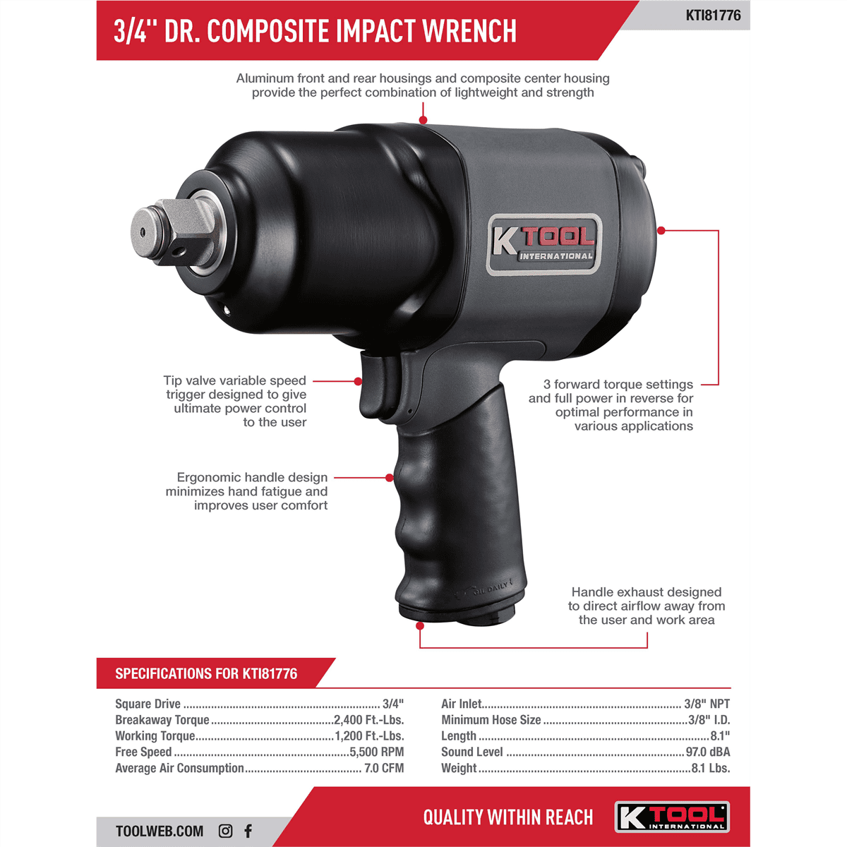 K Tool International 81776 1 Inch Drive Air Impact Wrench 2400 Ft Lbs
