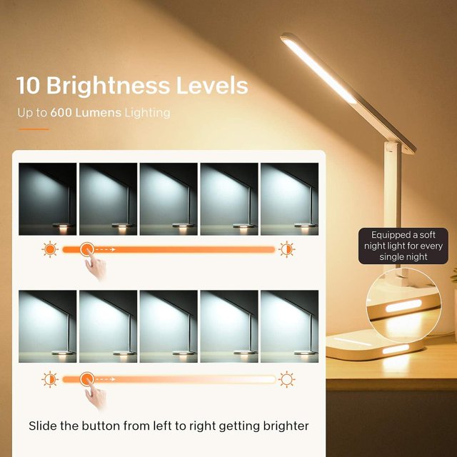 Lámpara de escritorio LED, lámparas de mesa de oficina que cuidan los ojos con luz nocturna, 10 brillos, 5 temperaturas de color, puerto de carga USB, temporizador de 1 hora, control táctil, memo