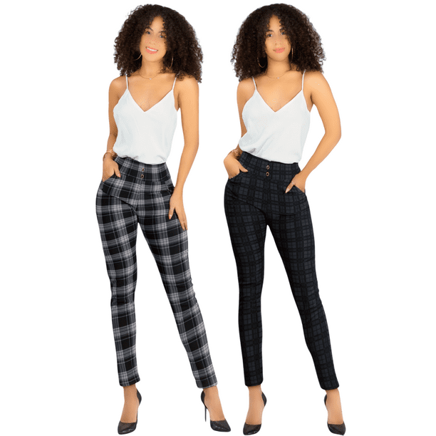 Set De 2 Leggings Elegantes Jegging Mujer a Cuadros Stretch Looks Formal y Casual Mayón Mallones