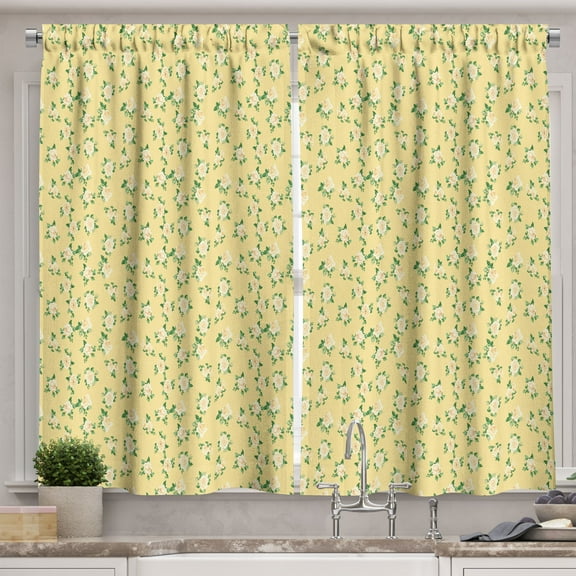 Ambesonne Yellow Kitchen Curtains, Rose Arrangements Spring, 55"x45", Green and Pale Yellow
