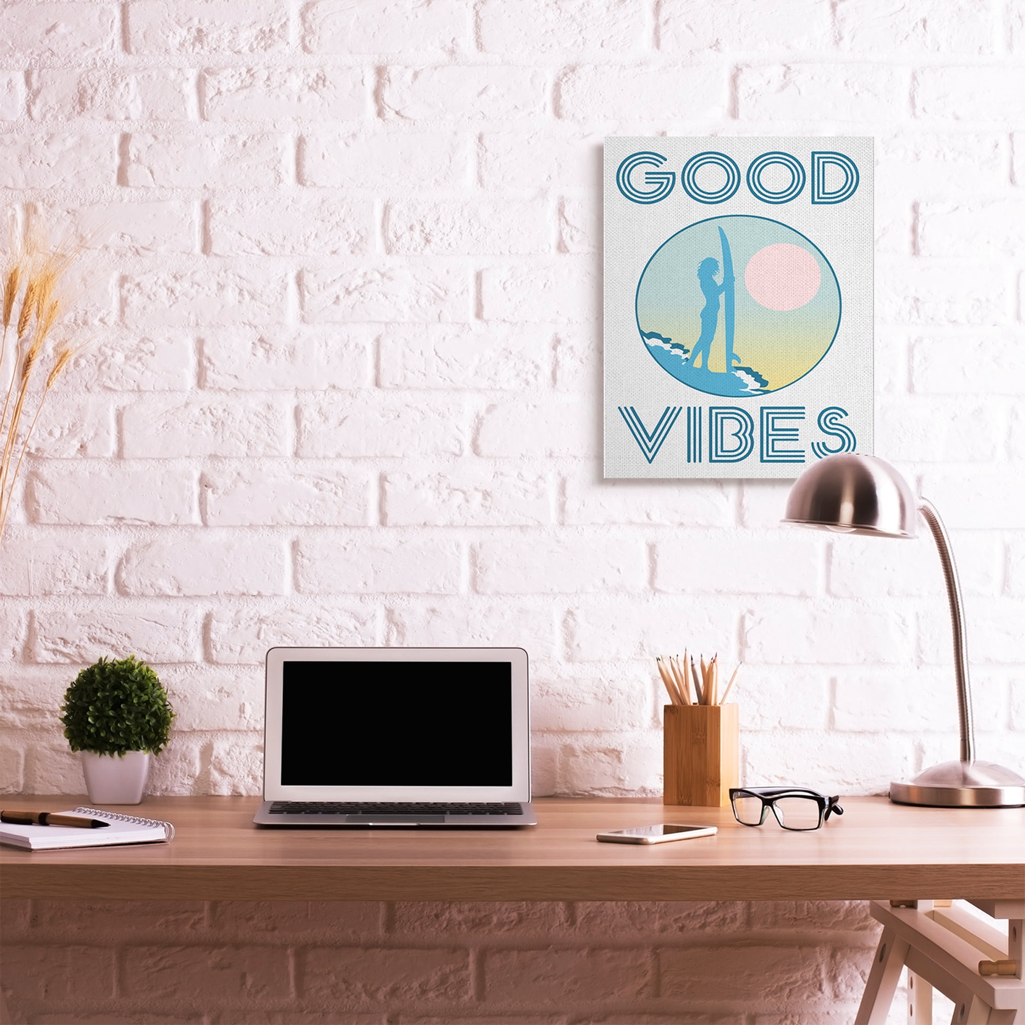 Stupell Industries Good Vibes Text Blue Surfer Chick Sunset Canvas Wall Art by Daphne Polselli