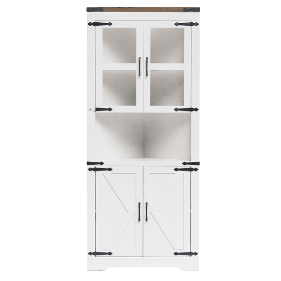 Space-Saving Tall White Corner Storage Cabinet – Adjustable Shelves, 4 Doors, Glass and Barn Door – Freestanding Farmhouse Entryway Cabinet for Bathroom, Kitchen, Living Room – Color: White