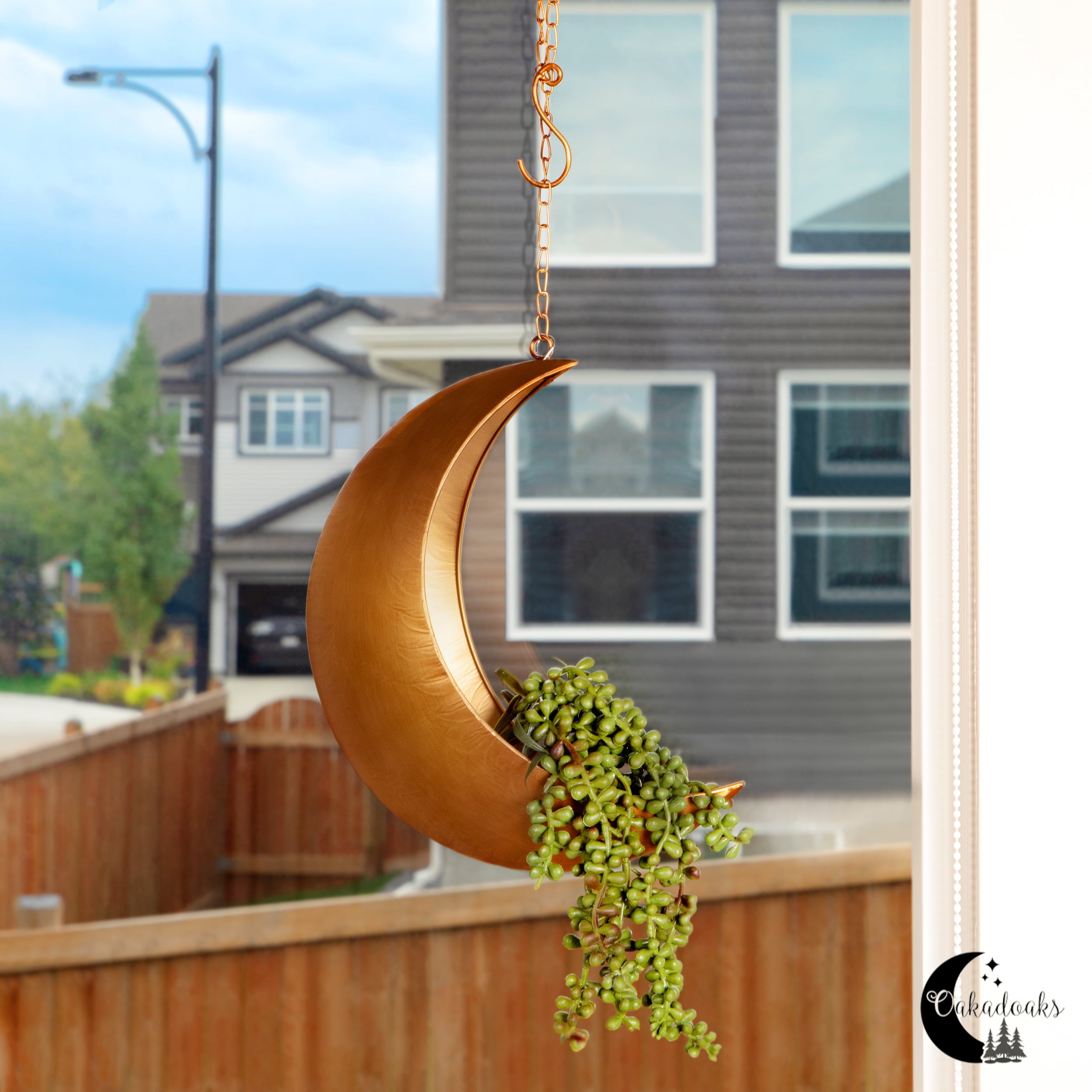 Oakadoaks Hanging Moon Planter for Moon Room Decor Great for Succulents,Air Plant,Mini Cactus,Faux,Artificial Plants-12” Boho Rustic Metal Planters,Gifts for Women,Birthdays,Nursery