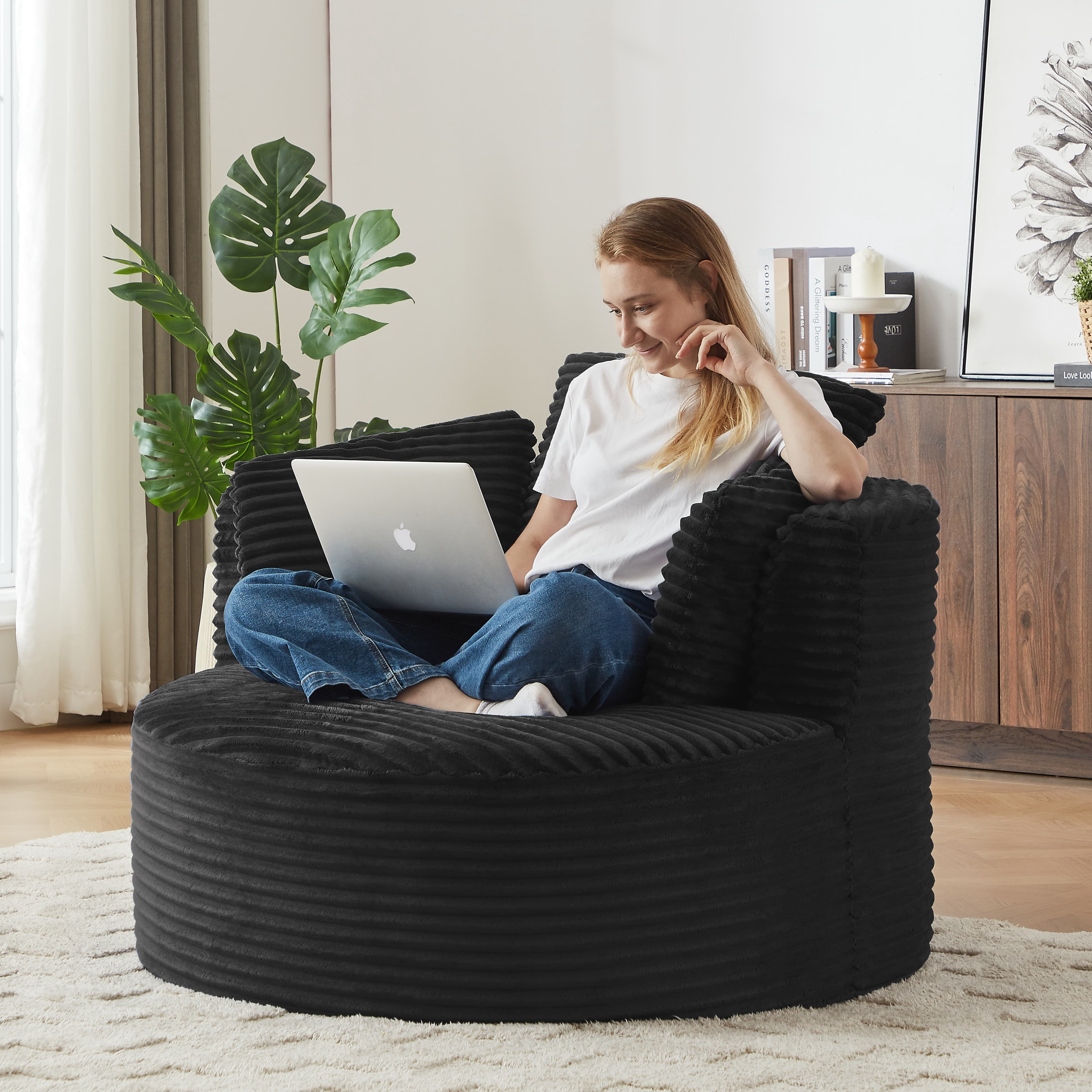 Aukfa Modern Corduroy Round Accent Chair, Compressible Chaise Lounge for Living Room & Bedroom, No Assembly,Black