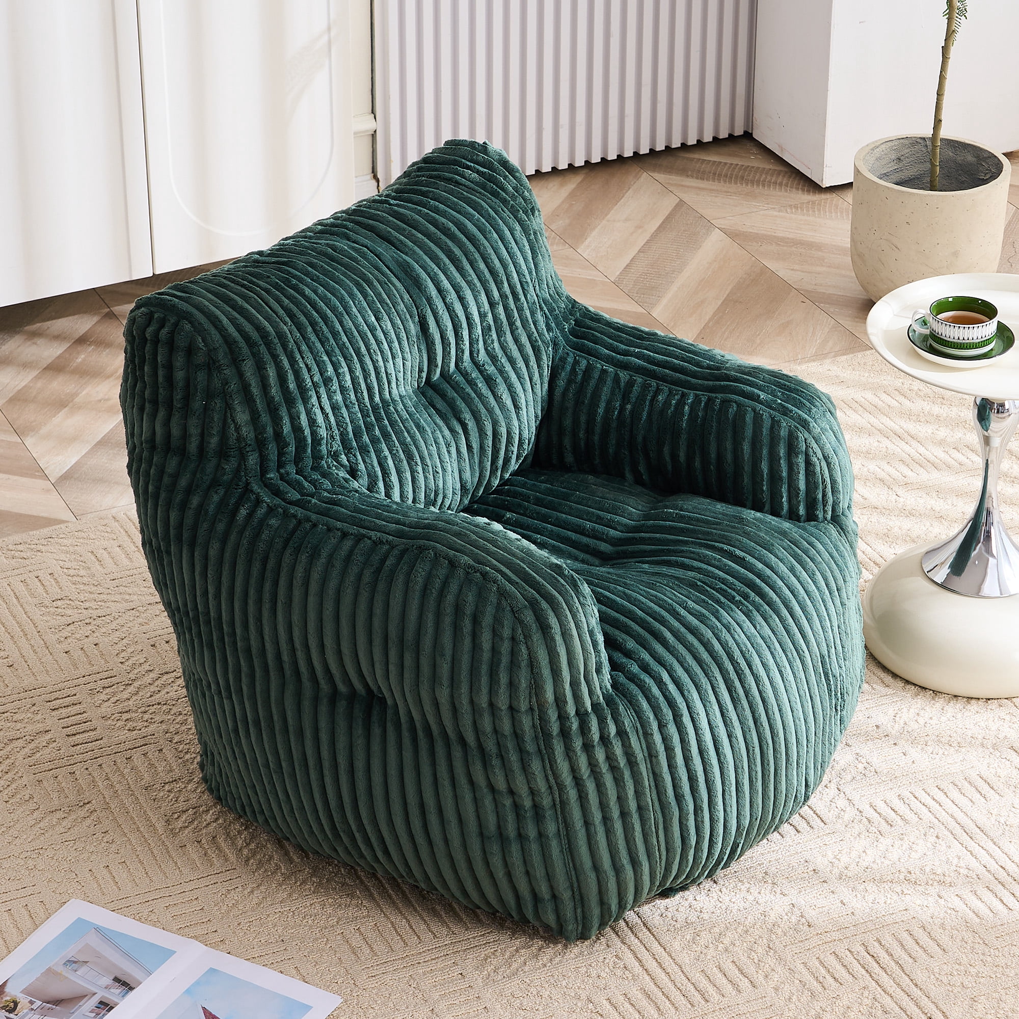 Bean Bag Chair with Filling BeanBag for Adults with Armrest Comfy Corduroy Fabric Lounge Lazy Floor Chair with Memory Foam Filler Fluffy Bean Bag for Dorm Living Room Bedroom Green