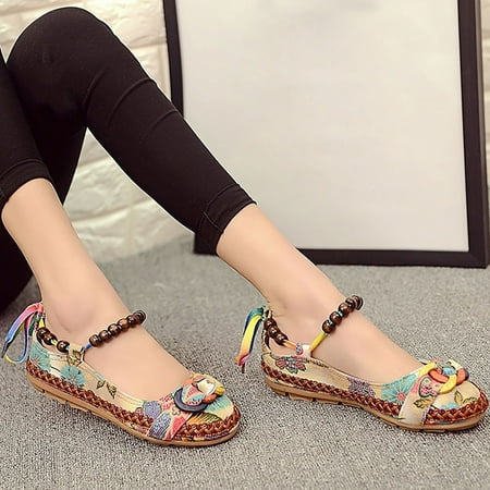 

GROFRY Flats Ethnic Comfortable Lace Up Women Retro Literary Shoes for Casual places