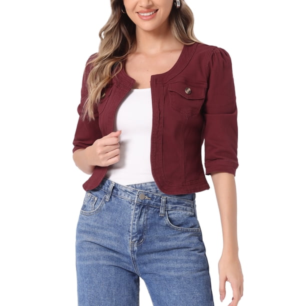 CHAQUETA DE JEAN CORTA SIN CUELLO PARA MUJERES CON MANGAS 3/4 EN FUSCIA TAMAÑO S