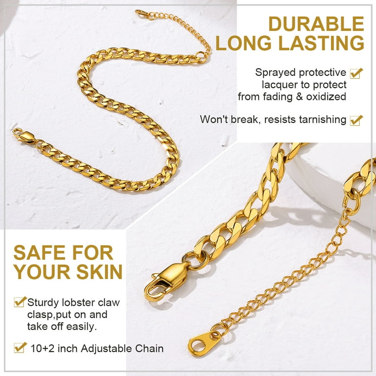 Women Girl Titanium Stainless Steel 6 mm Gold Cuban Link Anklet Bracelet  8-10