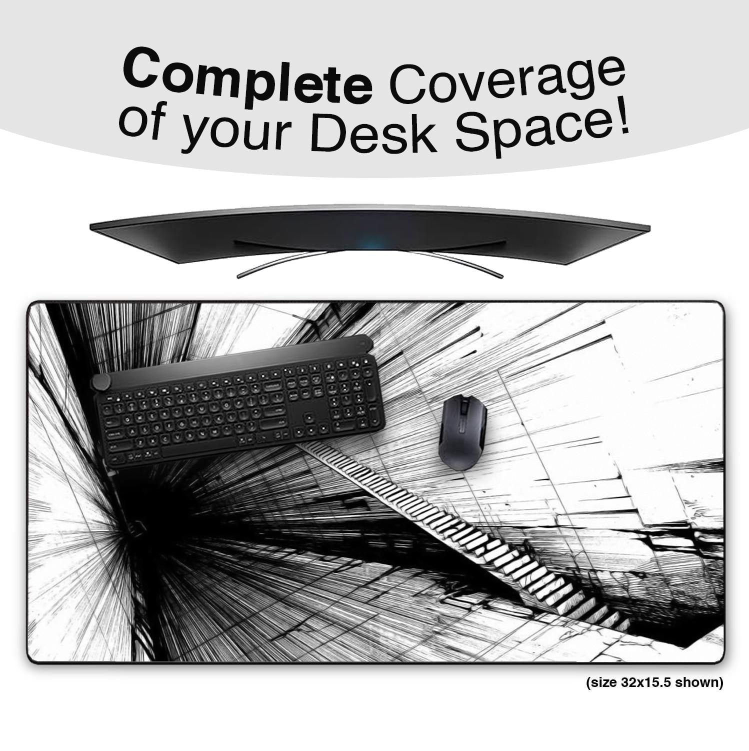 Futuristic Tunnel Design Gaming Mousepad, Large Desk Mat with Abstract Black and White Art, Anti-Slip Rubber Base Anime Desk Pad