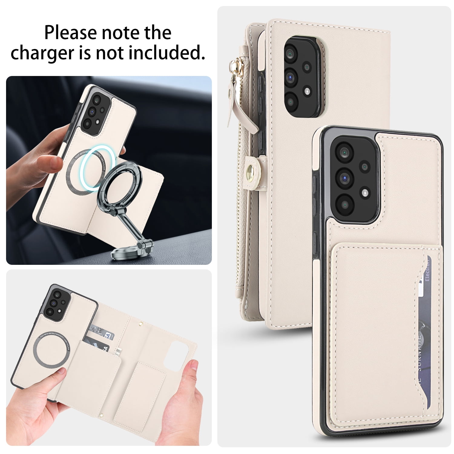 Designed for Samsung Galaxy A14 5G Multi-Function Wallet Phone Case,With Shoulder Strap&Wrist Strap,Cash Pocket&Card Slots,Zipper Purse,Magnetic Detachable PU Leather Flip Phone Case,White