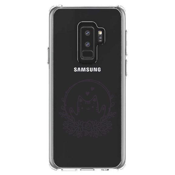DistinctInk Clear Shockproof Hybrid Case for Samsung Galaxy S9  PLUS (6.2" Screen) - TPU Bumper Acrylic Back Tempered Glass Screen Protector - Valentine Cat - Wreath Hearts