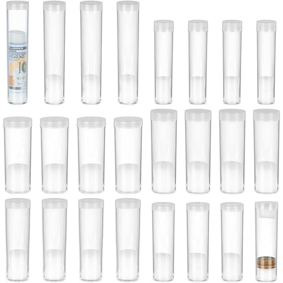 24 Pcs Clear Plastic Coin Tubes 6 Different Sizes Durable Plastic Tube Coin Holders Coins Storage Tubes with Airtight Lids for Commemorative Coins Collection Supplies